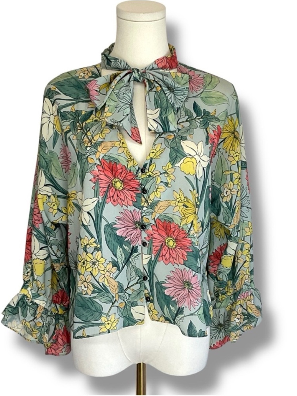 Zara Floral Scarf-Neck Blouse in Sage Green with Pink and Yellow Flowers